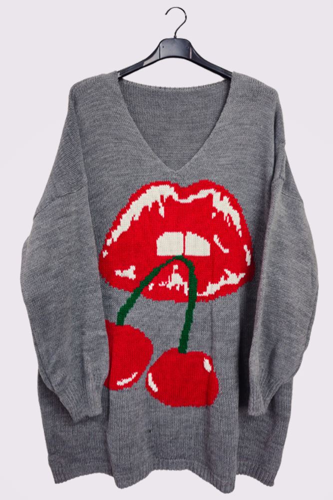 Cherry Lips Pattern Knitted Cuffed Sleeve Jumper