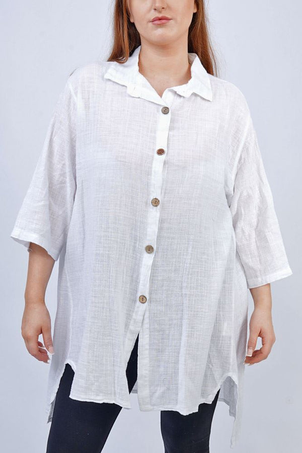 Plain Button Up Dipped Hem Shirt