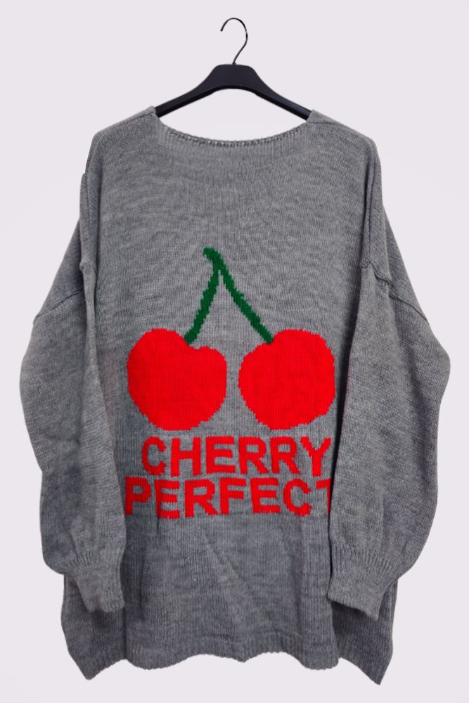 Cherry Perfect Slogan Cherry Pattern Knit Cuffed Sleeve Jumper