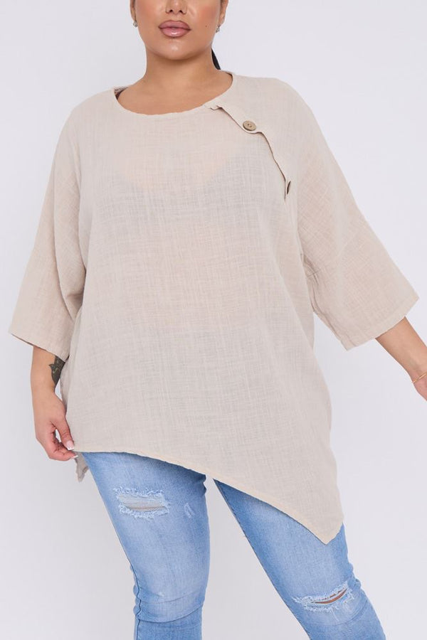 Plain Shoulder Button Raw Edge Cotton Top