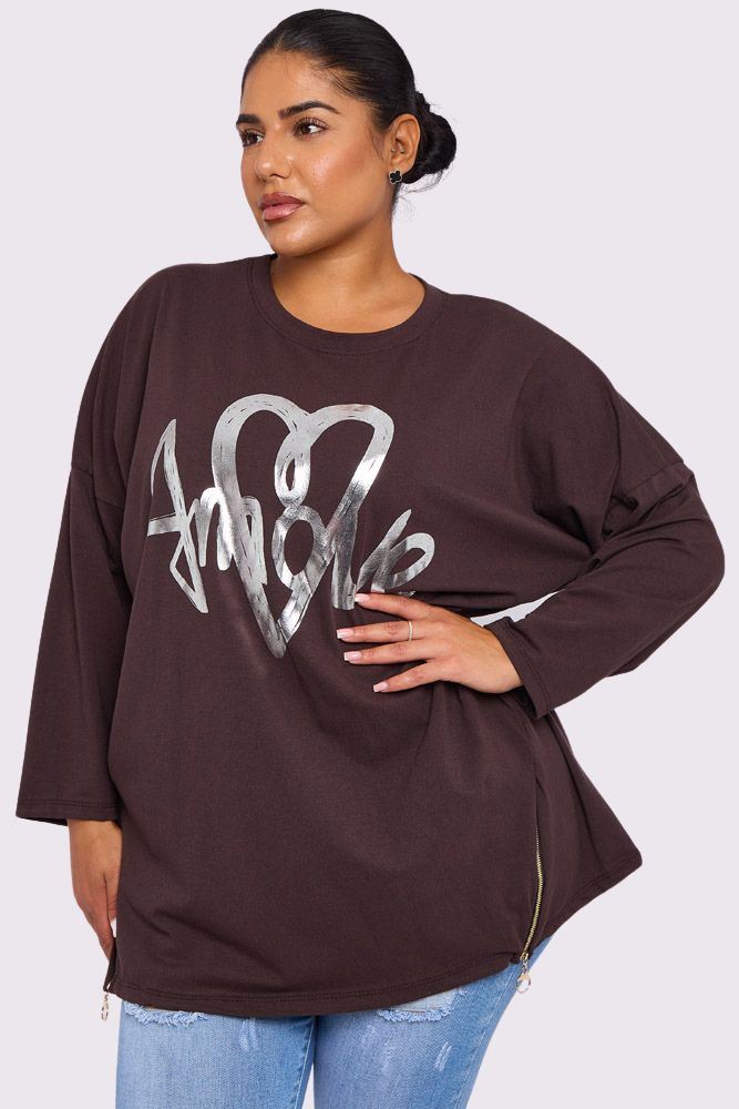 Foil Heart Print Side Zip Detail Cotton Top