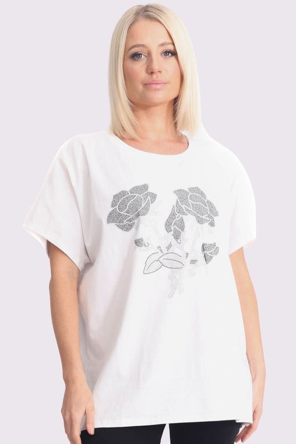 Diamante Rose Flower Pattern Cotton Top