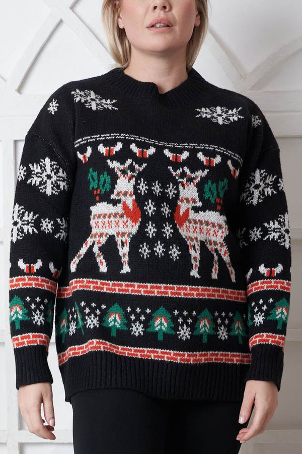 Snowflake Reindeer Pattern Xmas Ribbed Jumper