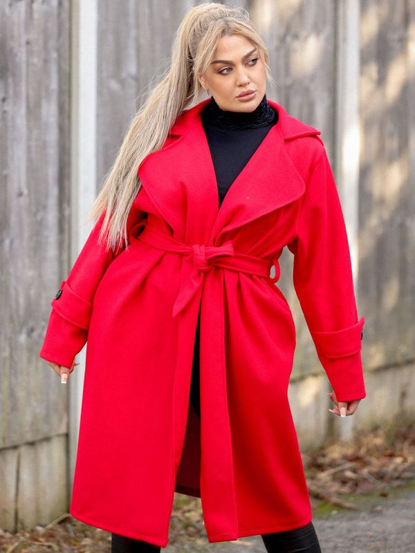 Plain Shoulder And Sleeve Button Detail Belted Coat