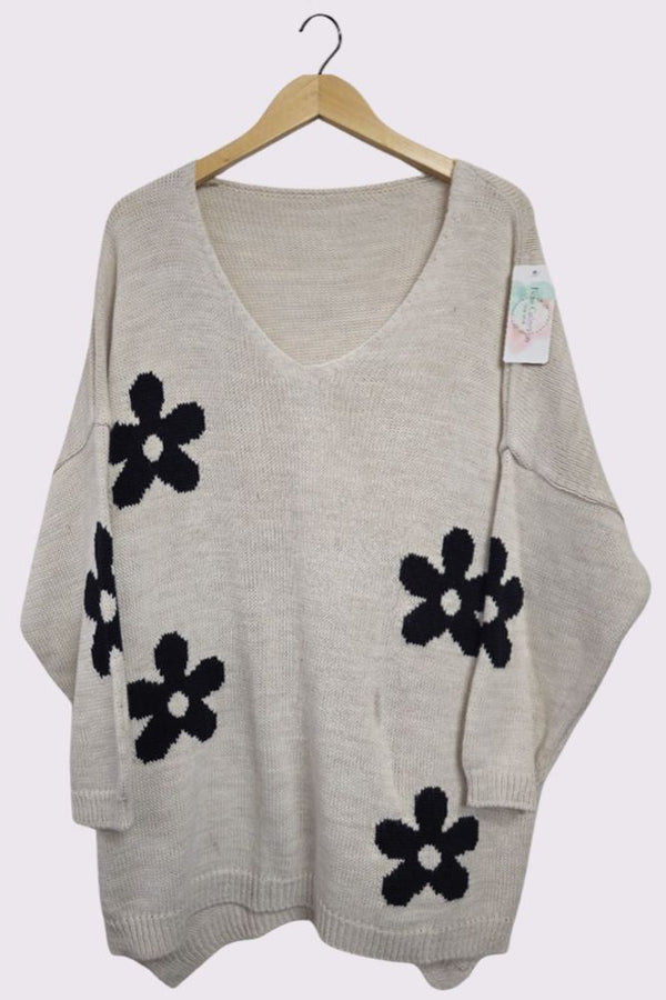 Daisy Flower Pattern High Low Hem Jumper