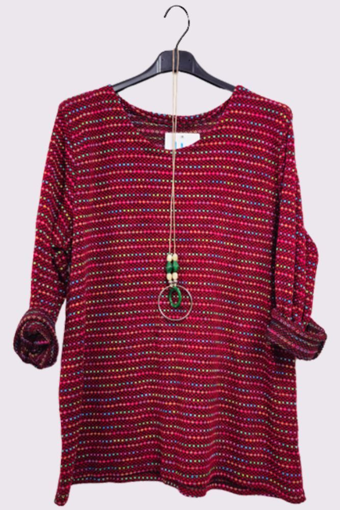 Multi Stripe Pattern Knitted Round Neck Necklace Jumper