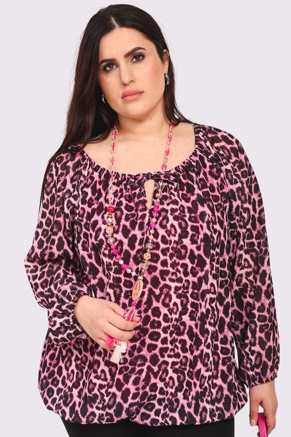 Leopard Print Oversized Drawstring Neckline Top