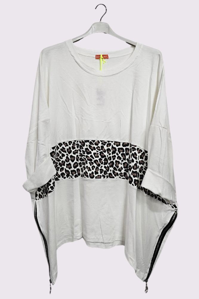 Leopard Panel Hanky Hem Side Zip Cotton Top