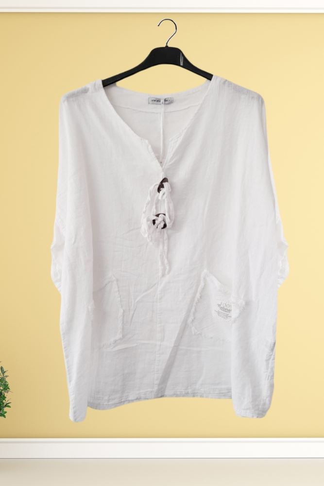 Plain Bow Drawstring Button Pockets Linen Top