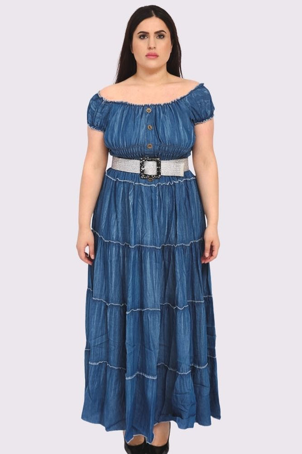 Plain Shirred Waist Tiered Denim Cotton Dress