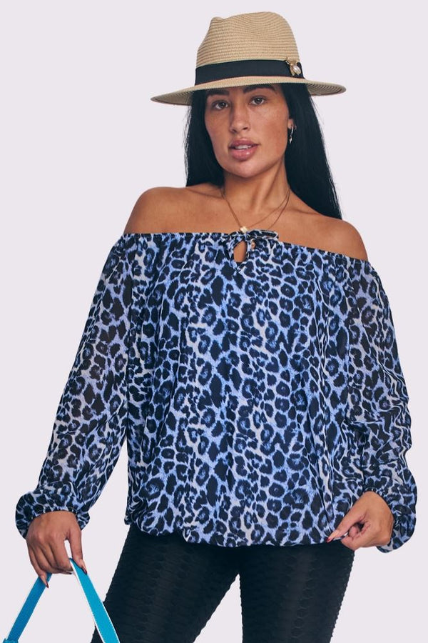 Leopard Print Oversized Drawstring Neckline Top