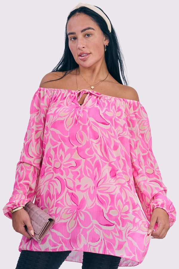 Flower Print Drawstring Neck Tunic Top