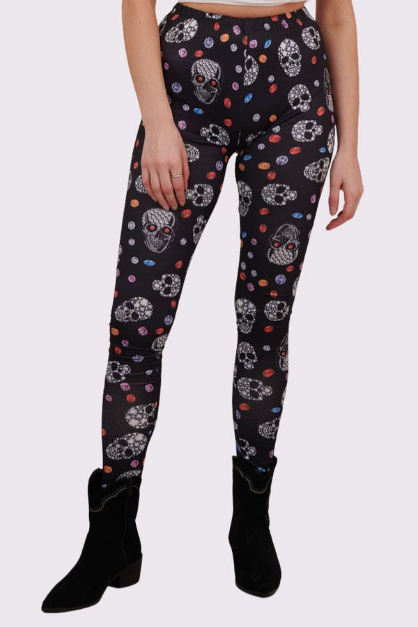 Bejeweled Skull And Diamonds Print Halloween Leggings