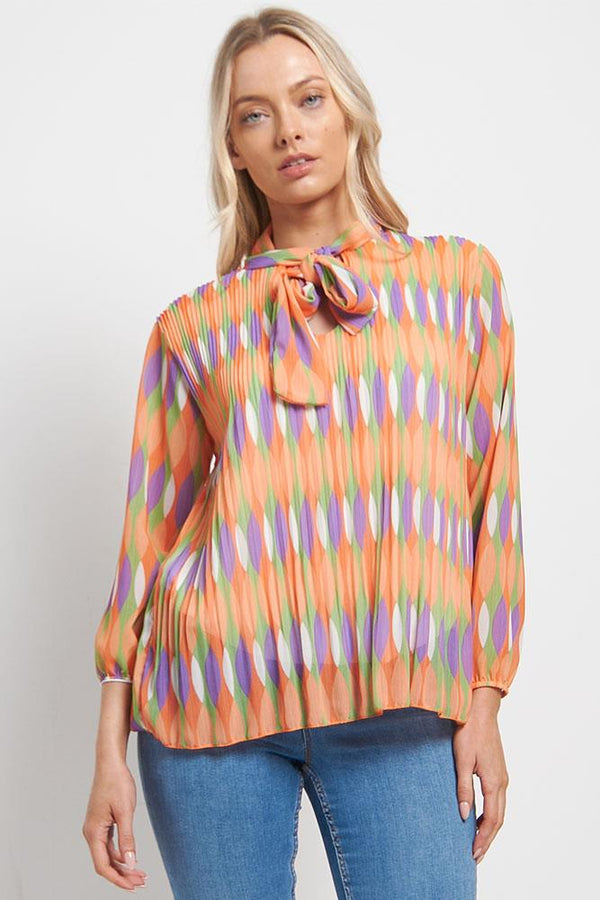 Retro print tie neck top