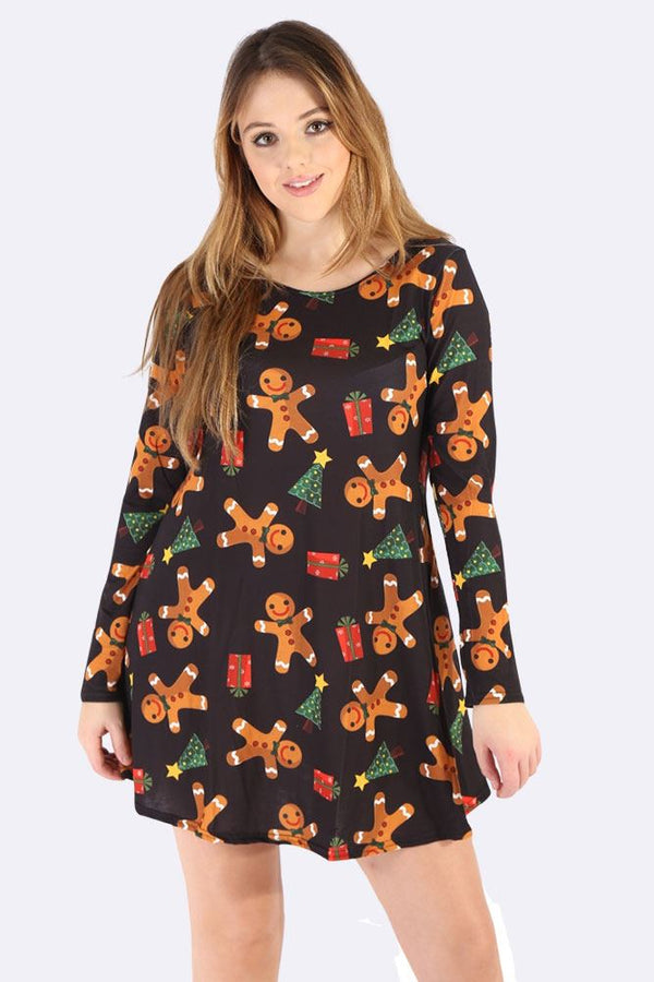 Cassie Gingerbread Gift Tree Print Xmas Swing Dress