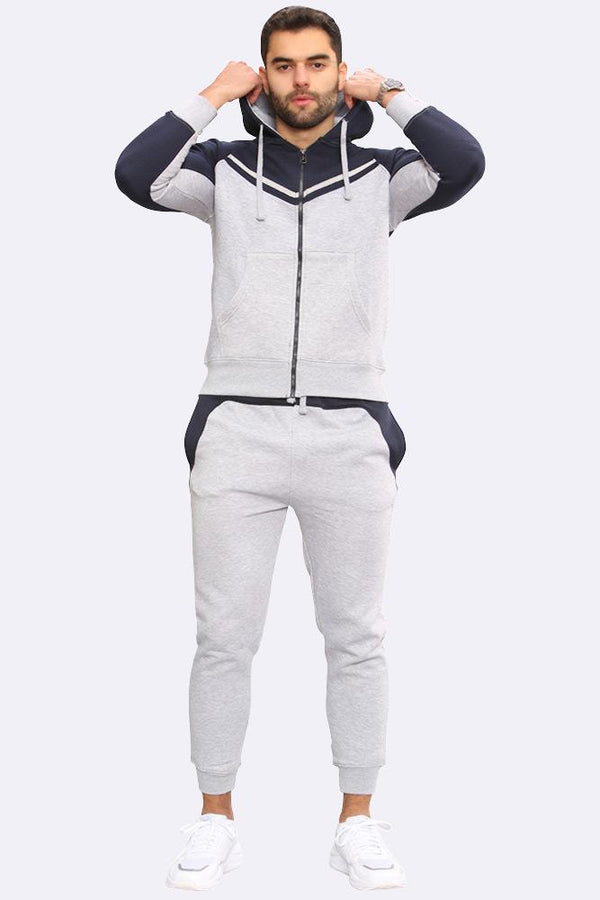 V Panelled Fleece Zipper Hoodie & Jogger Set_GRWO