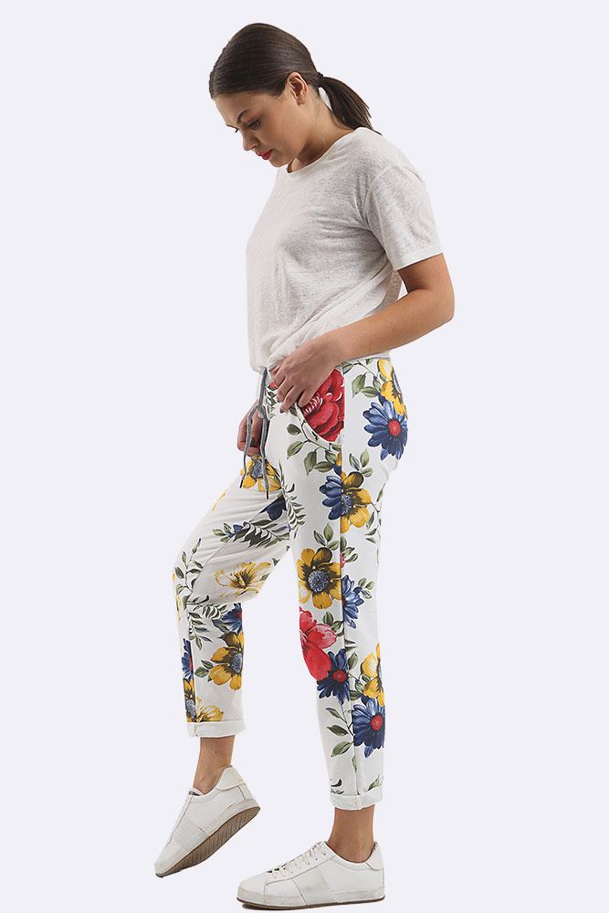 Ryleigh Cotton Big Rose Print Drawstring Trouser - Love My Fashions - Womens Fashions UK